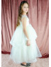 Ivory Pleated Satin Tulle Tiered Flower Girl Dress